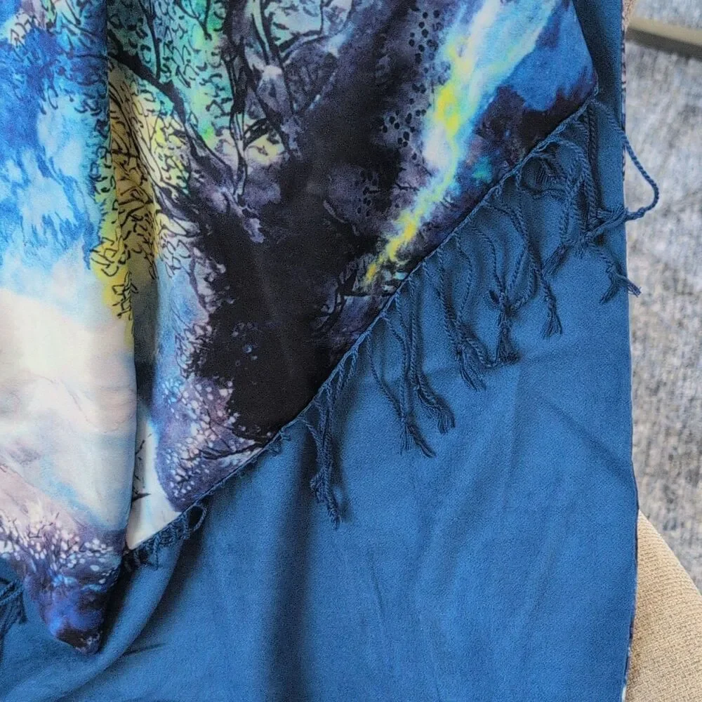 Story of Shanghai 100% Silk Scarf NWT Large Blue Floral Landscape Print Shawl